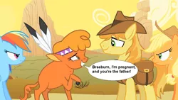 Size: 1280x720 | Tagged: safe, derpibooru import, edit, edited screencap, screencap, applejack, braeburn, little strongheart, rainbow dash, buffalo, earth pony, pegasus, pony, over a barrel, bag, braeheart, caption, clothes, cloven hooves, cowboy hat, female, hat, image macro, implied pregnancy, male, mare, saddle bag, shipping, stallion, straight, text, vest