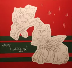 Size: 960x906 | Tagged: safe, derpibooru import, oc, oc:iris, oc:lilyana, unofficial characters only, alicorn, pony, alicorn oc, christmas, community related, duo, female, filly, flying, happy, holiday, horn, mare, smiling, starved for light, traditional art, wings