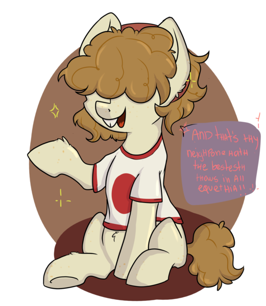 Size: 2224x2560 | Tagged: safe, artist:dumbwoofer, derpibooru import, oc, oc:goldie mops, unofficial characters only, pony, bucktooth, clothes, female, long mane, mare, neet, shirt, simple background, sitting, solo, text, transparent background, underhoof, weeb