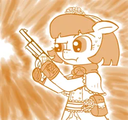 Size: 640x600 | Tagged: safe, artist:ficficponyfic, derpibooru import, part of a set, oc, cyoa:madness in mournthread, aiming, bag, boots, clothes, cyoa, floppy ears, flower, gun, hairband, monochrome, neckerchief, nervous, one eyebrow raised, pursed lips, shawl, shoes, story included, sweat, weapon