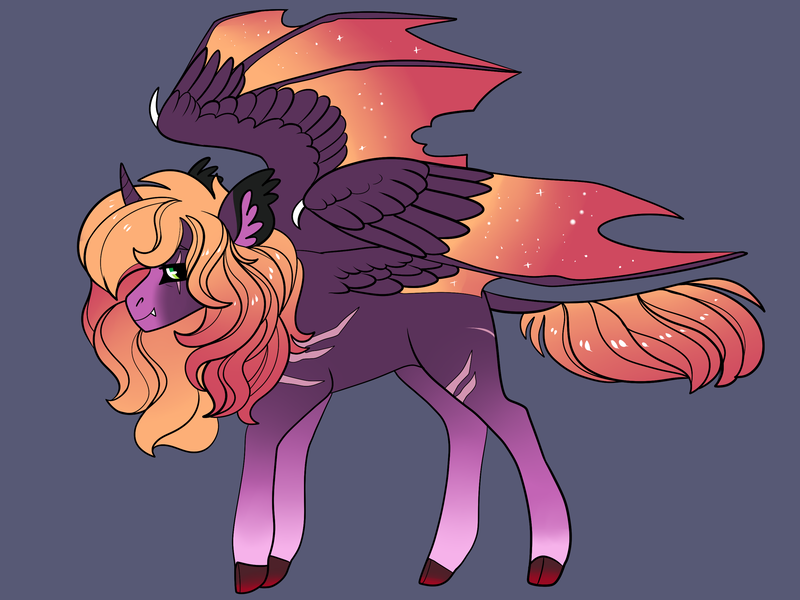 Size: 2800x2100 | Tagged: safe, artist:loryska, derpibooru import, oc, alicorn, bat pony, bat pony alicorn, bat wings, horn, hybrid wings, magical lesbian spawn, offspring, parent:applejack, parent:tempest shadow, simple background, solo, wings