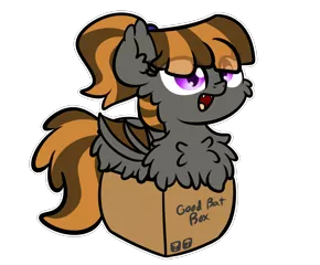 Size: 3250x2688 | Tagged: safe, artist:kimjoman, derpibooru import, part of a set, oc, oc:mythic dawn, unofficial characters only, bat pony, pony, :d, bat pony oc, bat wings, box, commission, cute, ear fluff, eyebrows visible through hair, fangs, female, fluffy, hair tie, happy, pony in a box, ponytail, purple eyes, simple background, slit eyes, solo, transparent background, wings, ych result