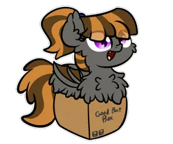 Size: 3250x2688 | Tagged: safe, artist:kimjoman, derpibooru import, part of a set, oc, oc:mythic dawn, unofficial characters only, bat pony, pony, :d, bat pony oc, bat wings, box, commission, cute, ear fluff, eyebrows visible through hair, fangs, female, fluffy, hair tie, happy, pony in a box, ponytail, purple eyes, simple background, slit eyes, solo, transparent background, wings, ych result
