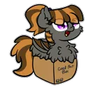 Size: 3250x2688 | Tagged: safe, artist:kimjoman, derpibooru import, part of a set, oc, oc:mythic dawn, unofficial characters only, bat pony, pony, :d, bat pony oc, bat wings, box, commission, cute, ear fluff, eyebrows visible through hair, fangs, female, fluffy, hair tie, happy, pony in a box, ponytail, purple eyes, simple background, slit eyes, solo, transparent background, wings, ych result