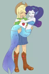 Size: 1600x2408 | Tagged: safe, artist:haibaratomoe, derpibooru import, applejack, rarity, mermaid, equestria girls, bandeau, bare shoulders, carrying, crying, ear fins, eyes closed, female, holding, image, lesbian, mermaidized, mermarity, midriff, png, rarijack, shipping, sleeveless, species swap, strapless