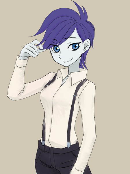 Size: 3024x4032 | Tagged: safe, alternate version, artist:haibaratomoe, derpibooru import, rarity, equestria girls, alternate hairstyle, female, image, png, simple background, solo, suspenders, tan background