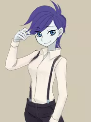 Size: 3024x4032 | Tagged: safe, alternate version, artist:haibaratomoe, derpibooru import, rarity, equestria girls, alternate hairstyle, female, image, png, simple background, solo, suspenders, tan background