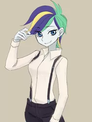 Size: 3024x4032 | Tagged: safe, artist:haibaratomoe, derpibooru import, rarity, equestria girls, it isn't the mane thing about you, alternate hairstyle, female, image, png, punk, raripunk, short hair, simple background, solo, suspenders, tan background