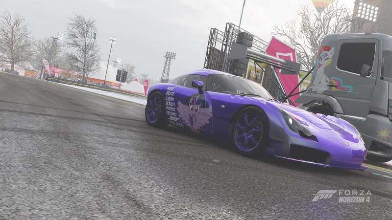 Size: 1920x1080 | Tagged: safe, derpibooru import, twilight sparkle, alicorn, car, female, forza, forza horizon, forza horizon 4, game screencap, pentagram, snow, solo, tvr, tvr sagaris, twilight sparkle (alicorn)