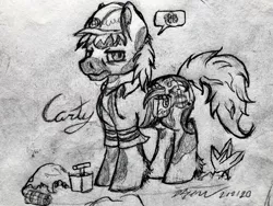 Size: 1909x1432 | Tagged: safe, artist:reekosukanku, derpibooru import, oc, oc:carty, earth pony, pony, detonator, male, monochrome, solo, stallion, traditional art