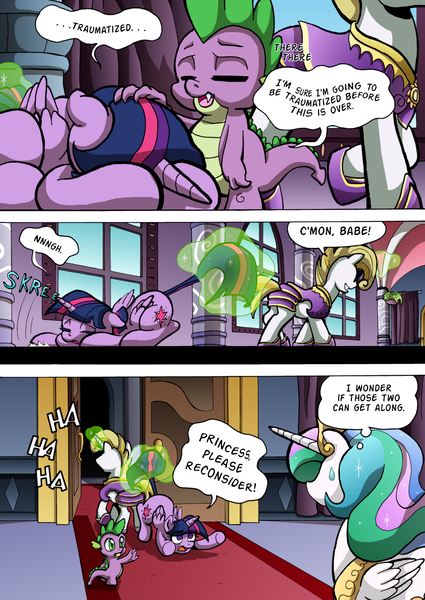 Size: 1204x1700 | Tagged: safe, artist:tarkron, derpibooru import, princess celestia, spike, twilight sparkle, twilight sparkle (alicorn), oc, oc:cosmo cool, alicorn, dragon, pony, unicorn, comic:the royal sandal, adorable distress, comic, cute, dragging, eyes closed, glowing horn, head pat, horn, magic, pat, pulling, sweat, sweatdrop, tail, tail pull, telekinesis