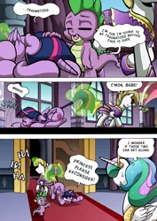 Size: 1204x1700 | Tagged: safe, artist:tarkron, derpibooru import, princess celestia, spike, twilight sparkle, twilight sparkle (alicorn), oc, oc:cosmo cool, alicorn, dragon, pony, unicorn, comic:the royal sandal, adorable distress, comic, cute, dragging, eyes closed, glowing horn, head pat, horn, magic, pat, pulling, sweat, sweatdrop, tail, tail pull, telekinesis