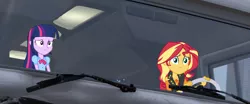 Size: 1920x802 | Tagged: safe, derpibooru import, edit, edited screencap, screencap, sunset shimmer, twilight sparkle, equestria girls, equestria girls series, driving, female, interior, rv, the incredibles