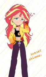Size: 1080x1814 | Tagged: safe, artist:pink flame, derpibooru import, sunset shimmer, equestria girls, belly button, clothes, female, human coloration, midriff, sports bra