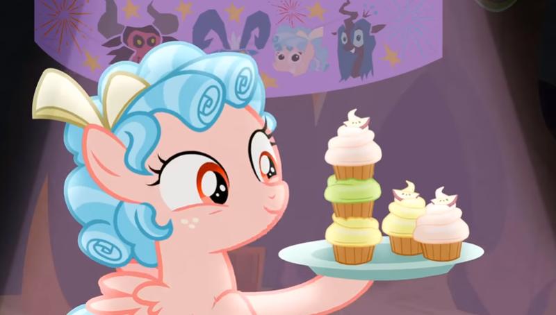 Size: 834x473 | Tagged: safe, derpibooru import, screencap, cozy glow, frenemies (episode), cupcake, female, food, hoof hold, solo, stacked