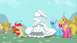 Size: 1920x1080 | Tagged: apple bloom, cherry berry, derpibooru import, fine art parody, hammer, linky, mouth hold, safe, screencap, shoeshine, statue, the birth of venus, the cutie pox, we don't normally wear clothes