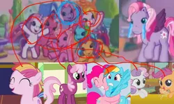 Size: 1440x863 | Tagged: safe, derpibooru import, edit, edited screencap, screencap, cheerilee, cheerilee (g3), pinkie pie, pinkie pie (g3), rainbow dash, rainbow dash (g3), scootaloo, scootaloo (g3), starsong, sweetie belle, sweetie belle (g3), toola roola, earth pony, pegasus, pony, unicorn, butt, cartoon, crying, female, filly, g3, g3 to g4, generation leap, hug, left out, mare, open mouth, plot, sad, teary eyes, toola roola (g3)