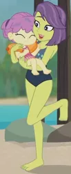Size: 642x1563 | Tagged: safe, derpibooru import, screencap, victoria, water lily (equestria girls), equestria girls, equestria girls series, turf war, barefoot, child, clothes, cropped, feet, female, mother and child, mother and daughter, swimsuit, toddler