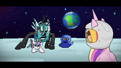 Size: 3840x2160 | Tagged: safe, alternate version, artist:2snacks, derpibooru import, edit, princess cadance, princess celestia, princess flurry heart, princess luna, queen chrysalis, alicorn, changeling, changeling queen, pony, 4k, 60 fps, absurd file size, animated, cropped, cursed, earth, female, filly, final boss, get stick bugged lol, horn, mare, meme, moon, music, pixel art, princess necklestia, sound, space, space helmet, sweat, sweatdrop, time paradox, wat, webm, woona, younger, youtube link