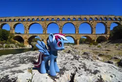 Size: 3000x2000 | Tagged: safe, artist:balthazar147, artist:steam-loco, derpibooru import, oc, oc:steam loco, pegasus, pony, aquaduct, architecture, custom, france, funko, irl, pegasus oc, photo, pont du gard, roman, solo, spread wings, toy, wings