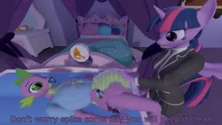 Size: 3840x2160 | Tagged: 3d, 4k, alicorn, anthro, artist:northern haste, changing table, clothes, derpibooru import, diaper, diaper change, diaper fetish, fetish, non-baby in diaper, oc, oc:dim sum the dragon, pacifier, poofy diaper, shirt, source filmmaker, spike, suggestive, twilight sparkle, twilight sparkle (alicorn)