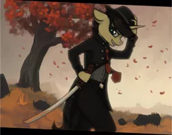 Size: 2270x1779 | Tagged: anthro, artist:marsminer, derpibooru import, edgy, fedora, hat, katana, leaves, m'lady, oc, oc:keith, safe, solo, sword, tree, unofficial characters only, weapon