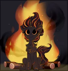 Size: 1508x1584 | Tagged: safe, alternate version, artist:little-sketches, derpibooru import, oc, oc:cinderheart, unofficial characters only, elemental, elemental pony, pony, unicorn, bonfire, chest fluff, comfy, commission, cute, demi-god, embers, female, fire, glowing mane, log, looking up, mare, ocbetes, sitting, smiling, smoke, solo