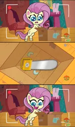 Size: 1280x2160 | Tagged: safe, derpibooru import, edit, edited screencap, editor:tcgamebot, screencap, fluttershy, pegasus, pony, .mov, shed.mov, my little pony: pony life, unboxing day, spoiler:pony life s01e18, spoiler:pony life s01e30, alternate cutie mark, animation error, box, camera shot, chainsaw, cutie mark edit, female, fluttershy's cottage, mare, meme, missing wing, no wing, recording, sad, solo, treehouse logo, wingless, wingless fluttershy