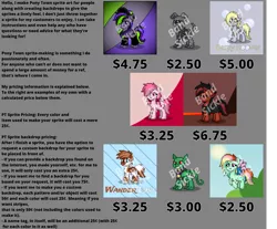 Size: 2081x1720 | Tagged: safe, artist:band sickle, derpibooru import, derpy hooves, oc, oc:cherry cream, oc:dagger fang, oc:night flight, oc:prince lucas, oc:rifftin, oc:timid take off, oc:wanderlust, diamond dog, dragon, original species, pegasus, pony, advertisement, art commissions, commission info, commissions sheet, hellpony, open commission