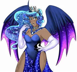 Size: 2534x2372 | Tagged: safe, artist:mscreepyplaguedoctor, derpibooru import, princess luna, human, alicorn humanization, alternate hairstyle, bedroom eyes, breasts, choker, clothes, crown, curved horn, dark skin, dress, ethereal mane, evening gloves, eyeshadow, female, galaxy mane, gloves, horn, horned humanization, human coloration, humanized, hybrid wings, jewelry, lipstick, long gloves, makeup, regalia, simple background, solo, starry mane, white background, winged humanization, wings