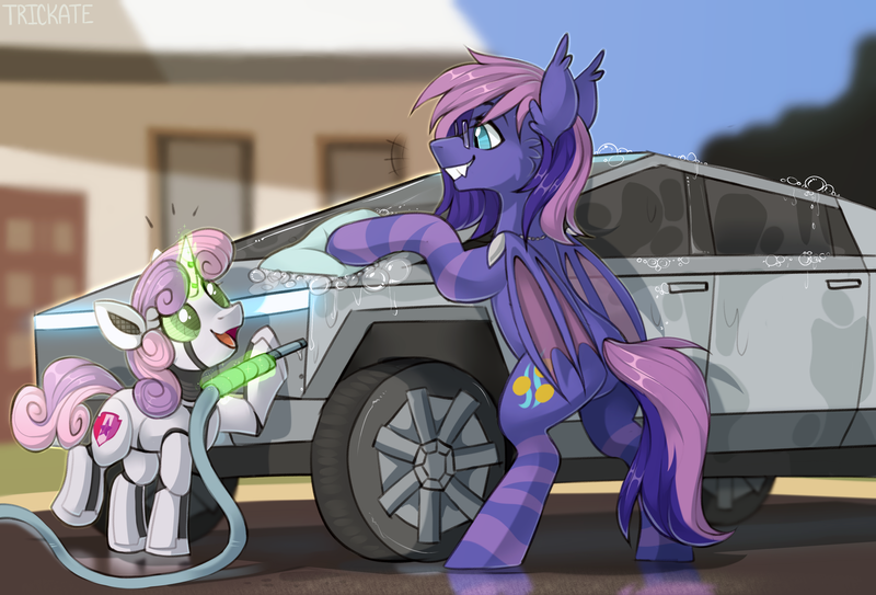 Size: 4713x3200 | Tagged: safe, artist:trickate, derpibooru import, sweetie belle, oc, oc:bitmaker, bat pony, pony, robot, robot pony, unicorn, bat pony oc, bat wings, car, clothes, cutie mark, female, glasses, glowing horn, horn, magic, male, sweetie bot, telekinesis, tesla cybertruck, the cmc's cutie marks, washing, wings