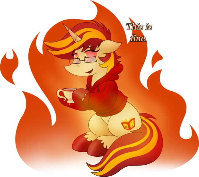 Size: 2038x1816 | Tagged: safe, artist:poseidonathenea, derpibooru import, oc, oc:page turner, unofficial characters only, burning, commission, commissioner:reversalmushroom, dialogue, fire, funny, immolation, simple background, solo, text, this is fine, transparent background