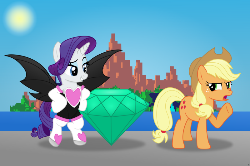 Size: 8847x5882 | Tagged: safe, artist:anime-equestria, derpibooru import, applejack, rarity, earth pony, pony, unicorn, angel island, applejack's hat, bat wings, boots, clothes, costume, cowboy hat, crossover, duo, emerald, eyeshadow, female, gem, hands on hip, hat, island, jewel, makeup, mare, master emerald, mountain, ponytail, rouge the bat, shoes, smiling, sonic the hedgehog (series), standing, wings