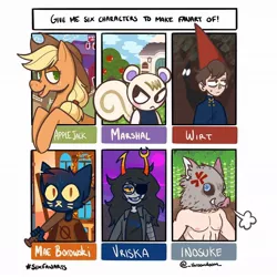 Size: 1080x1080 | Tagged: safe, artist:_shroomdoom_, derpibooru import, applejack, anthro, cat, earth pony, human, pony, squirrel, six fanarts, abs, animal crossing, anthro with ponies, apple, apple tree, baseball bat, bust, clothes, cross-popping veins, crossover, eyepatch, female, food, freckles, hat, homestuck, horns, kimetsu no yaiba, mae borowski, mare, night in the woods, over the garden wall, partial nudity, topless, tree, troll, wirt