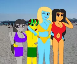 Size: 800x667 | Tagged: safe, artist:trainman3985, derpibooru import, octavia melody, oc, oc:ariel phantom, oc:shine, oc:trainman3985, equestria girls, arm around neck, beach, belly button, big breasts, bikini, breasts, busty octavia, cleavage, clothes, hand on hip, huge breasts, red swimsuit, swimming trunks, swimsuit, yellow swimsuit