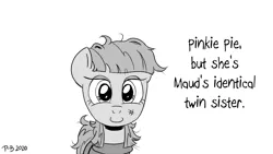 Size: 1200x675 | Tagged: safe, artist:pony-berserker, derpibooru import, maud pie, pinkie pie, alternate personalities, alternate timeline, alternate universe, evil twin, monochrome, pony-berserker's twitter sketches, ruffled hair, smiling, something is not right, stippling, twin, wat