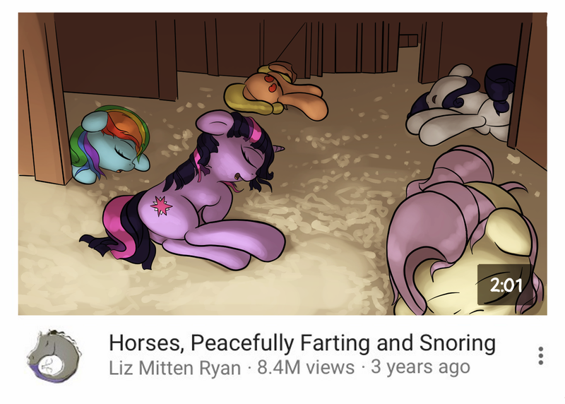 Size: 1590x1136 | Tagged: safe, anonymous artist, derpibooru import, applejack, fluttershy, rainbow dash, rarity, twilight sparkle, ponified, earth pony, pegasus, pony, unicorn, /mlp/, butt, cute, drawthread, explicit description, female, horses doing horse things, implied farting, implied snoring, mare, plot, ponified animal photo, sleeping