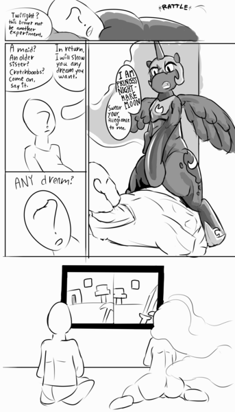 Size: 2808x4914 | Tagged: suggestive, anonymous artist, derpibooru import, nightmare moon, oc, oc:anon, ponified, alicorn, human, pony, /mlp/, bait and switch, comic, drawthread, dream, minecraft, monochrome, video game