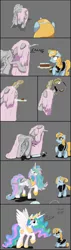 Size: 902x3186 | Tagged: safe, anonymous artist, derpibooru import, princess celestia, alicorn, pony, undead, zombie, /mlp/, breakfast, cake, cakelestia, chains, clothes, coffee, collar, comic, cracked horn, crown, drawthread, duo, emaciated, floppy ears, food, hair over eyes, hoof shoes, horn, jewelry, maid, mood, oh are you having cake?, peytral, pink-mane celestia, raised hoof, regalia, requested art, restoration, sheepish grin, that princess sure does love cake, transformation