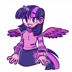 Size: 1280x1280 | Tagged: safe, alternate version, artist:skylordlysander, derpibooru import, twilight sparkle, twilight sparkle (alicorn), alicorn, human, equestria girls, clothes, cute, cutie mark, cutie mark on clothes, female, horn, horned humanization, humanized, looking at you, pony coloring, simple background, skirt, smiling, solo, sweater, turtleneck, twiabetes, white background, winged humanization, wings