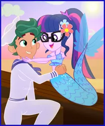 Size: 1998x2386 | Tagged: safe, artist:cxpcakes, derpibooru import, sci-twi, timber spruce, twilight sparkle, mermaid, equestria girls, adorable face, adorkable, beautiful, boat, clothes, cute, digital art, dork, female, flower, flower in hair, glasses, looking at each other, male, mermaid sci-twi, mermaid tail, mermaidized, ocean, plant, sailor, sailor uniform, ship, shipping, sitting, smiling, species swap, straight, sunset, timberbetes, timbertwi, twiabetes, uniform, water, watermark