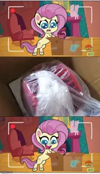 Size: 500x867 | Tagged: safe, derpibooru import, edit, edited screencap, screencap, fluttershy, pegasus, pony, my little pony: pony life, unboxing day, spoiler:pony life s01e18, spoiler:pony life s01e30, animation error, box, dvd, exploitable meme, female, fluttershy's cottage, mare, meme, power rangers, power rangers legacy collection, sad, shout factory, solo, treehouse logo, wingless