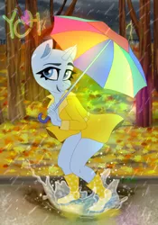 Size: 2800x4000 | Tagged: safe, artist:irinamar, derpibooru import, alicorn, anthro, earth pony, pegasus, pony, unicorn, commission, female, leaves, lightning, rain, raincoat, solo, tree, umbrella, your character here, your character here auction