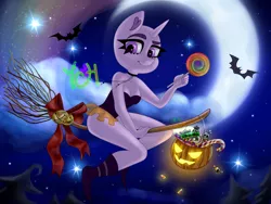 Size: 4000x3000 | Tagged: suggestive, artist:irinamar, derpibooru import, alicorn, anthro, bat, earth pony, pegasus, pony, unicorn, broom, candies, candy, candy cane, commission, female, flying, flying broomstick, food, halloween, holiday, moon, pumpkin, solo, stars, your character here, your character here auction