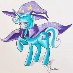 Size: 1021x1021 | Tagged: safe, artist:galaxy.in.mind, derpibooru import, trixie, pony, unicorn, cape, clothes, hat, male, raised hoof, rule 63, signature, smiling, solo, stallion, traditional art, tristan, wizard hat