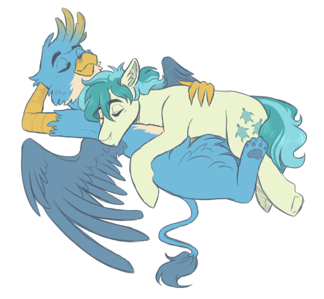 Size: 2600x2400 | Tagged: safe, artist:kikirdcz, derpibooru import, gallus, sandbar, earth pony, gryphon, pony, cuddling, gallbar, gay, interspecies, male, shipping, simple background, sleeping, snuggling, transparent background