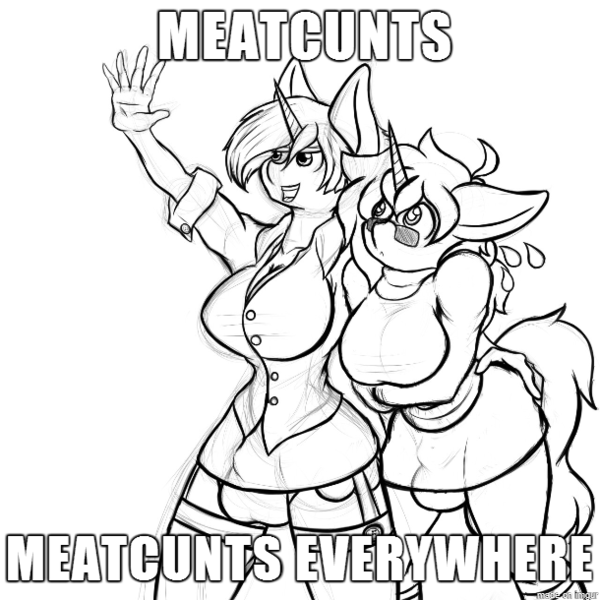 Size: 610x610 | Tagged: questionable, derpibooru import, oc, oc:tala tearjerker, unofficial characters only, anthro, unicorn, breasts, caption, clothes, crotch bulge, duo, futa, horn, image macro, intersex, lineart, meme, skirt, sunglasses, text, unicorn oc, whitekitten, x x everywhere