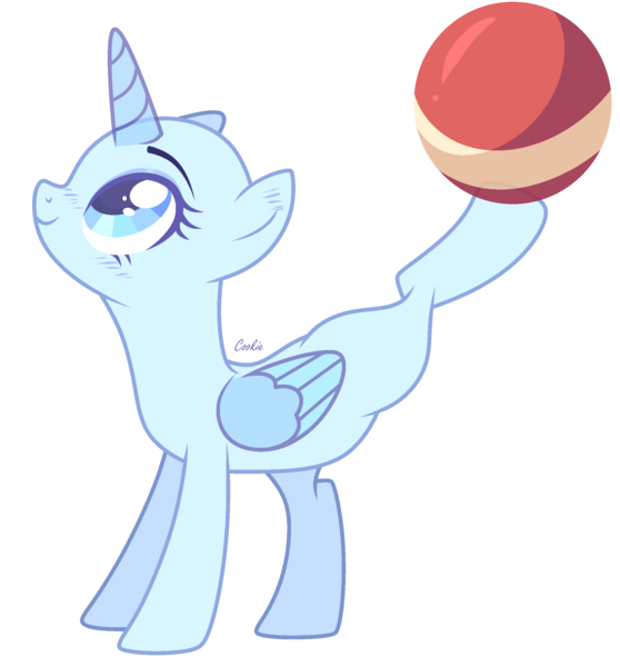 Size: 2092x2248 | Tagged: safe, artist:lazuli, derpibooru import, oc, unofficial characters only, alicorn, pony, alicorn oc, bald, ball, base, buckball, eyelashes, horn, looking up, raised leg, simple background, smiling, solo, transparent background, wings