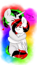 Size: 1080x1920 | Tagged: safe, artist:silentwolf-oficial, derpibooru import, oc, unofficial characters only, pegasus, pony, unicorn, eyes closed, heart, horn, hug, oc x oc, pegasus oc, shipping, signature, simple background, smiling, talking, transparent background, unicorn oc, wings