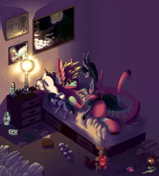 Size: 2700x3000 | Tagged: safe, artist:hyflin, derpibooru import, oc, oc:blightlight, oc:hyflin, unofficial characters only, original species, pony, bed, blanket, book, cupboard, female, lamp, magic, male, mood lighting, oc x oc, painting, plushie, potion, shipping